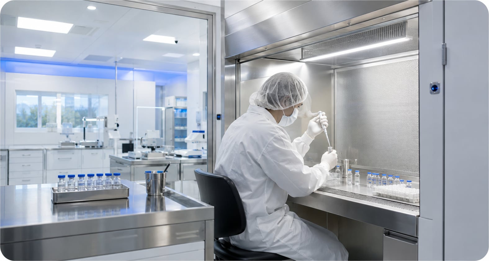Pharmacist compounding medication in a sterile cleanroom